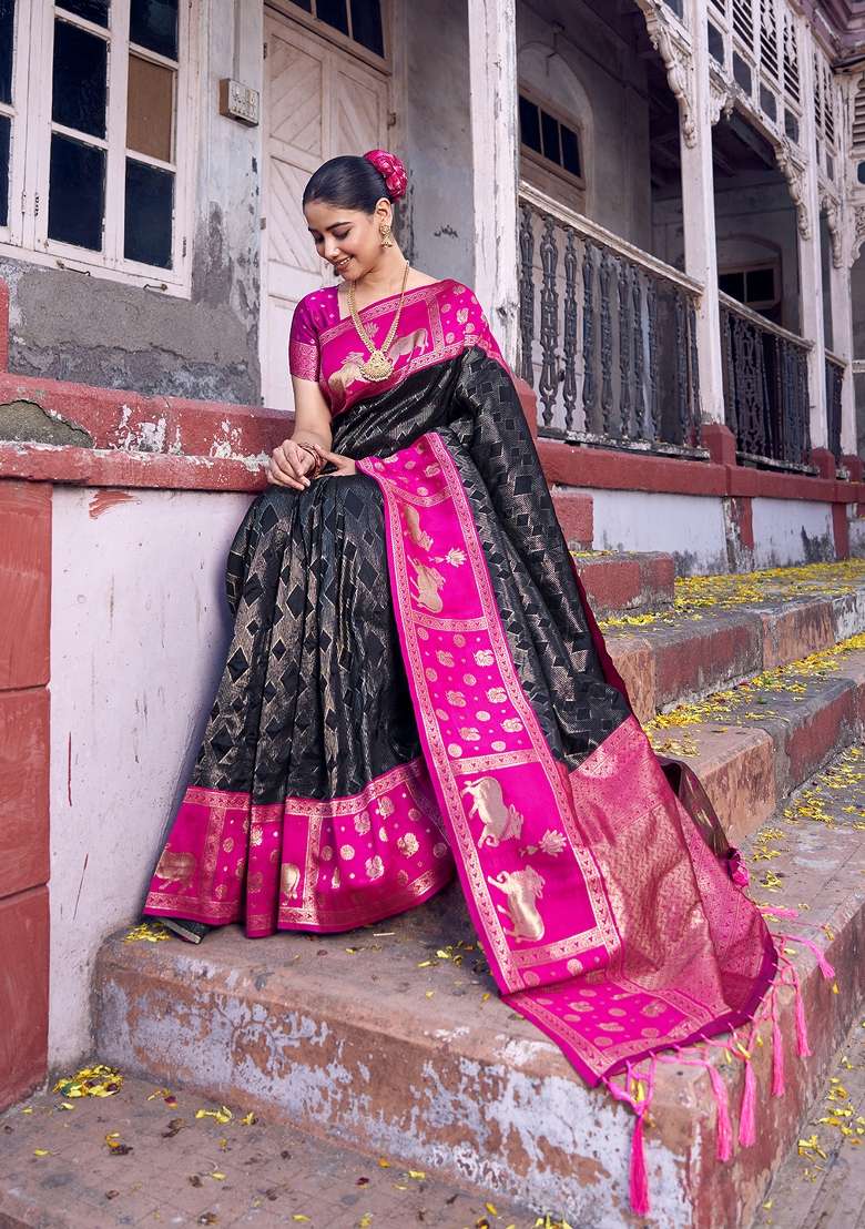 Black Zari Work Silk Blend Saree Set for Diwali and Festive Wear - Indya