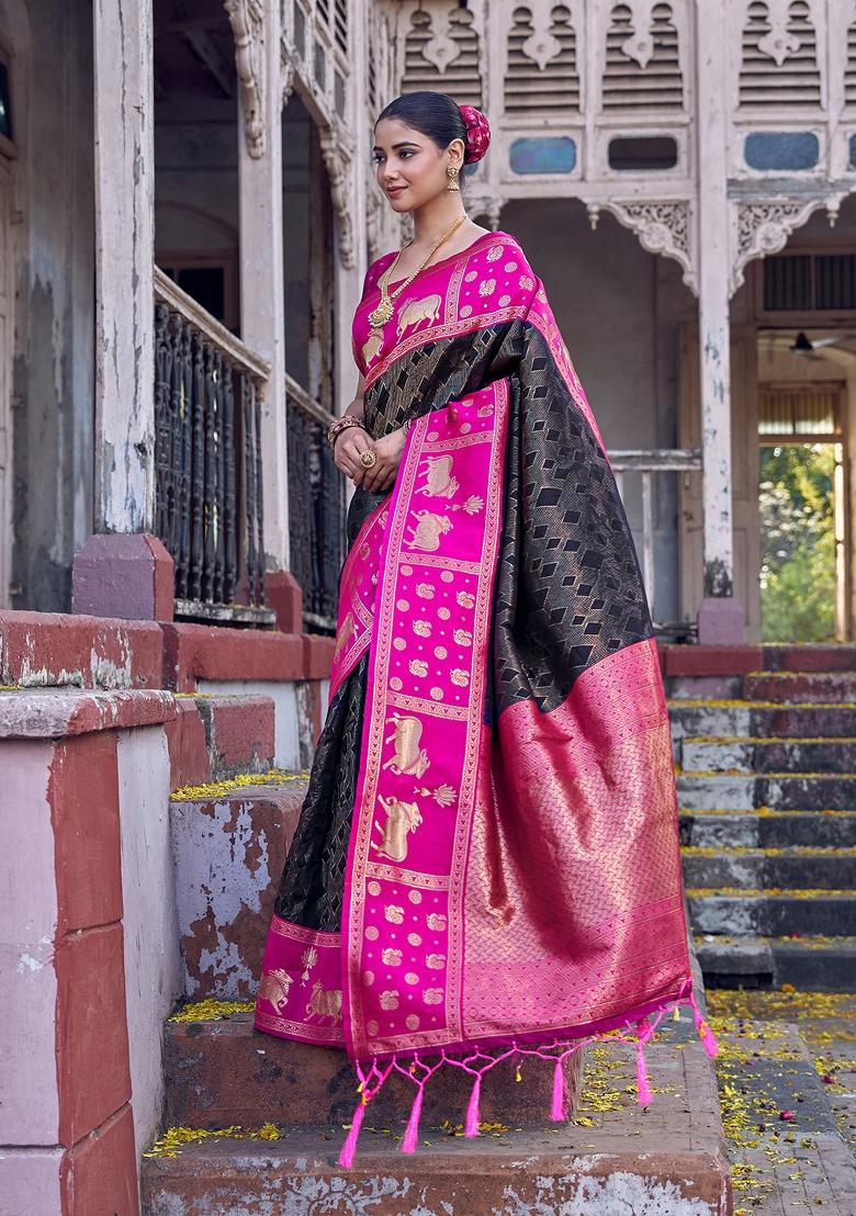 Black Zari Work Silk Blend Saree Set - Indya