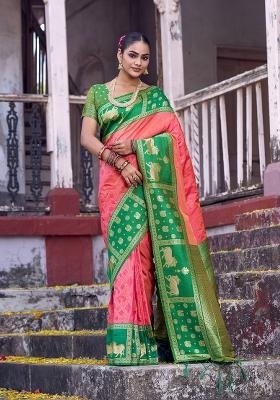 Coral Zari Work Silk Blend Saree Set