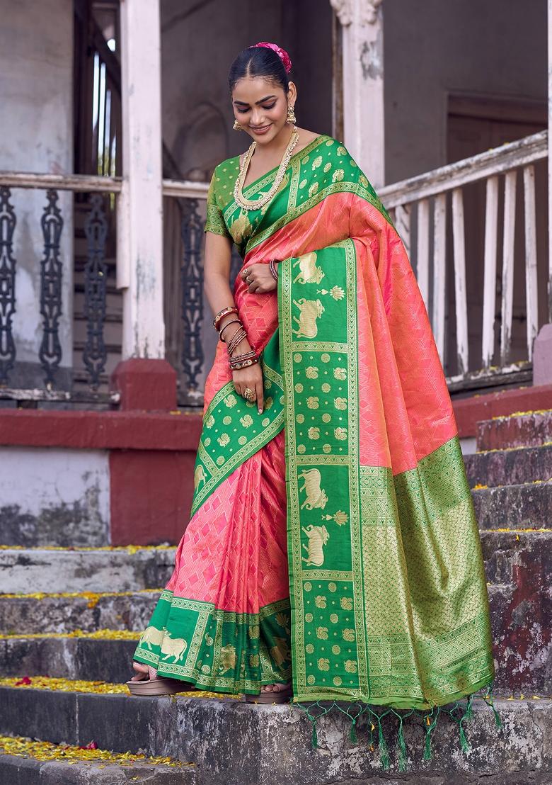 Coral Zari Work Silk Blend Saree Set - Indya