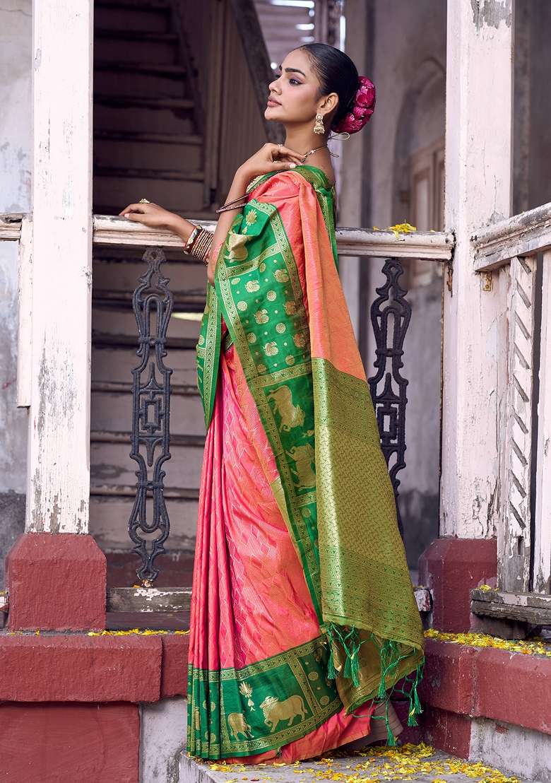 Coral Silk Blend Saree Set with Zari Work for Diwali | Wedding & Festive Wear - Indya