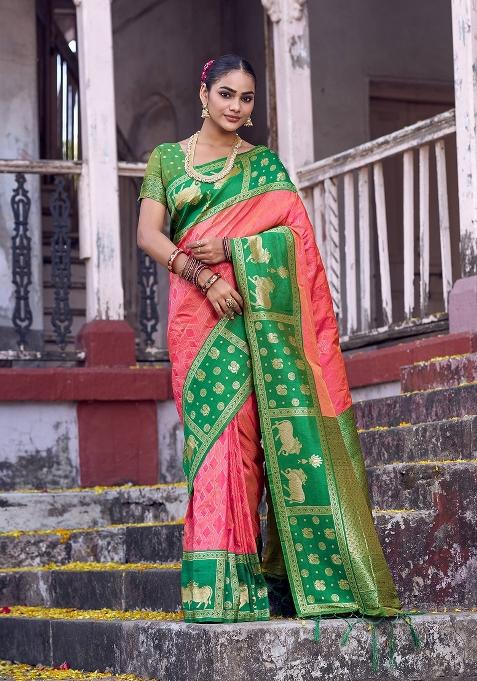 Coral Zari Work Silk Blend Saree Set