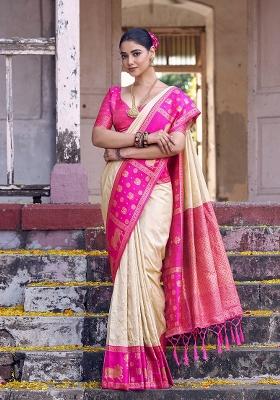 Cream Zari Work Silk Blend Saree Set