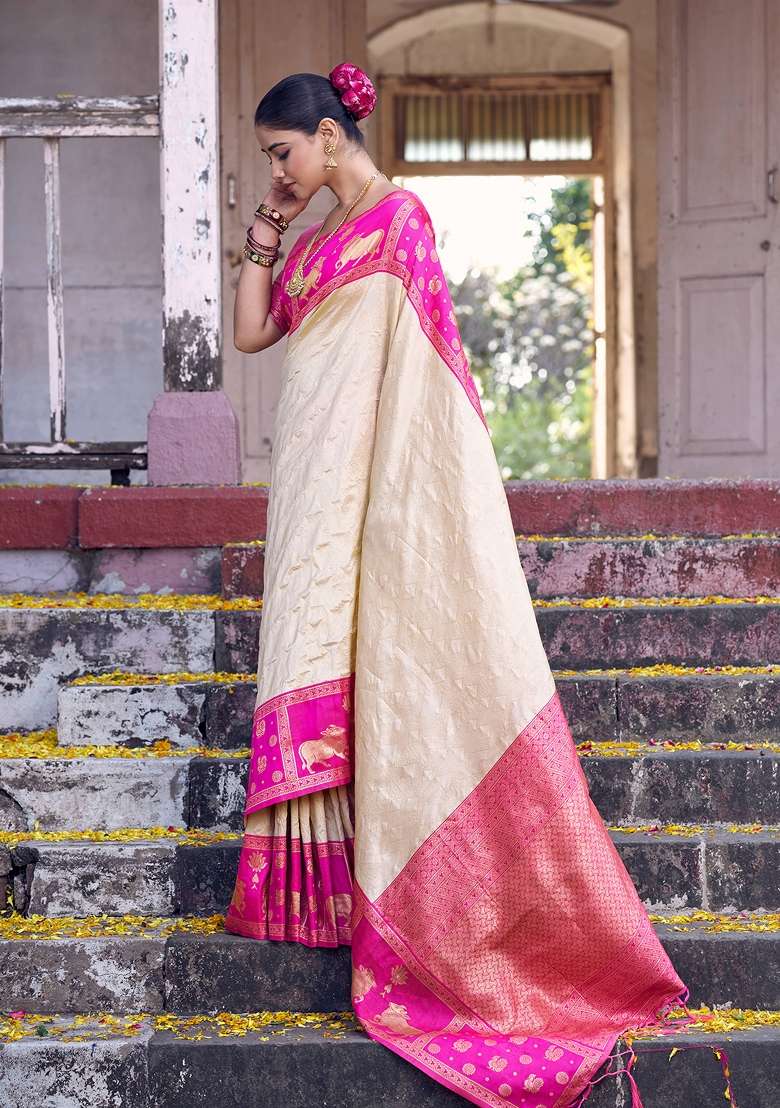 Cream Zari Work Silk Blend Saree Set for Diwali and Festive Wear - Indya