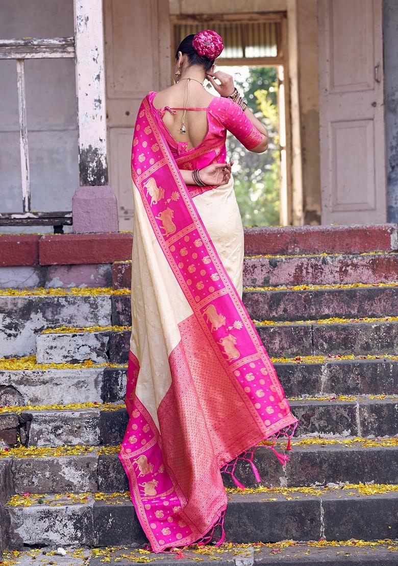 Cream Zari Work Silk Blend Saree Set - Indya