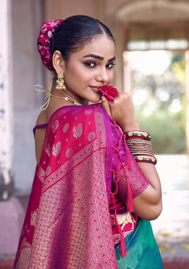 Rama Green Zari Work Silk Blend Saree Set - Indya