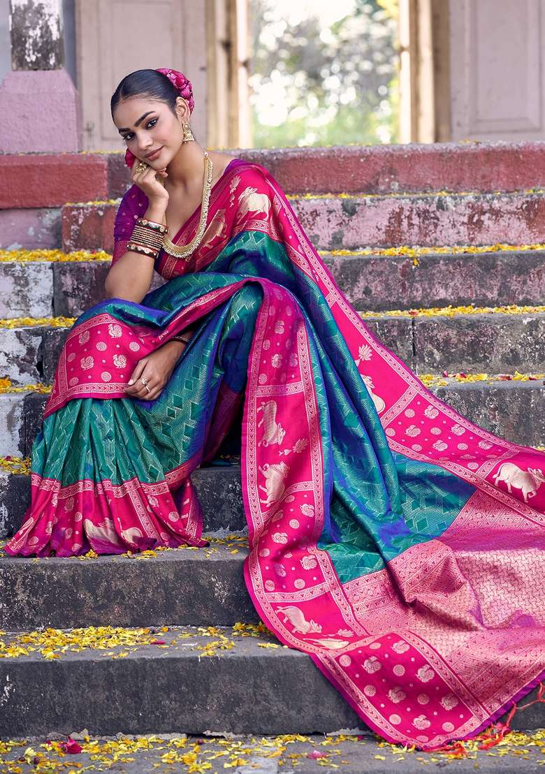 Rama Green Silk Blend Saree Set with Zari Work for Diwali | Wedding & Festive Wear - Indya