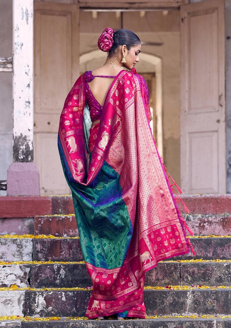 Rama Green Zari Work Silk Blend Saree Set - Indya