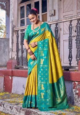 Yellow Zari Work Silk Blend Saree Set