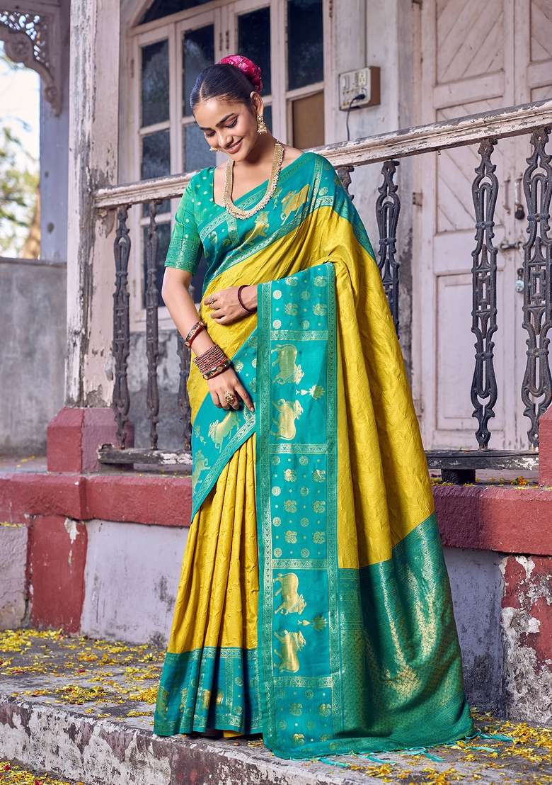 Yellow Zari Work Silk Blend Saree Set for Diwali and Festive Wear - Indya