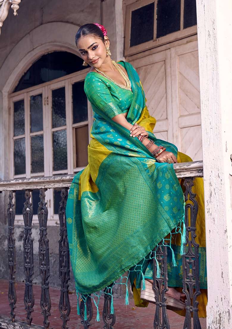 Yellow Zari Work Silk Blend Saree Set for Diwali and Festive Wear - Indya