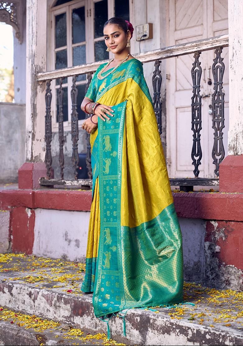 Yellow Zari Work Silk Blend Saree Set - Indya