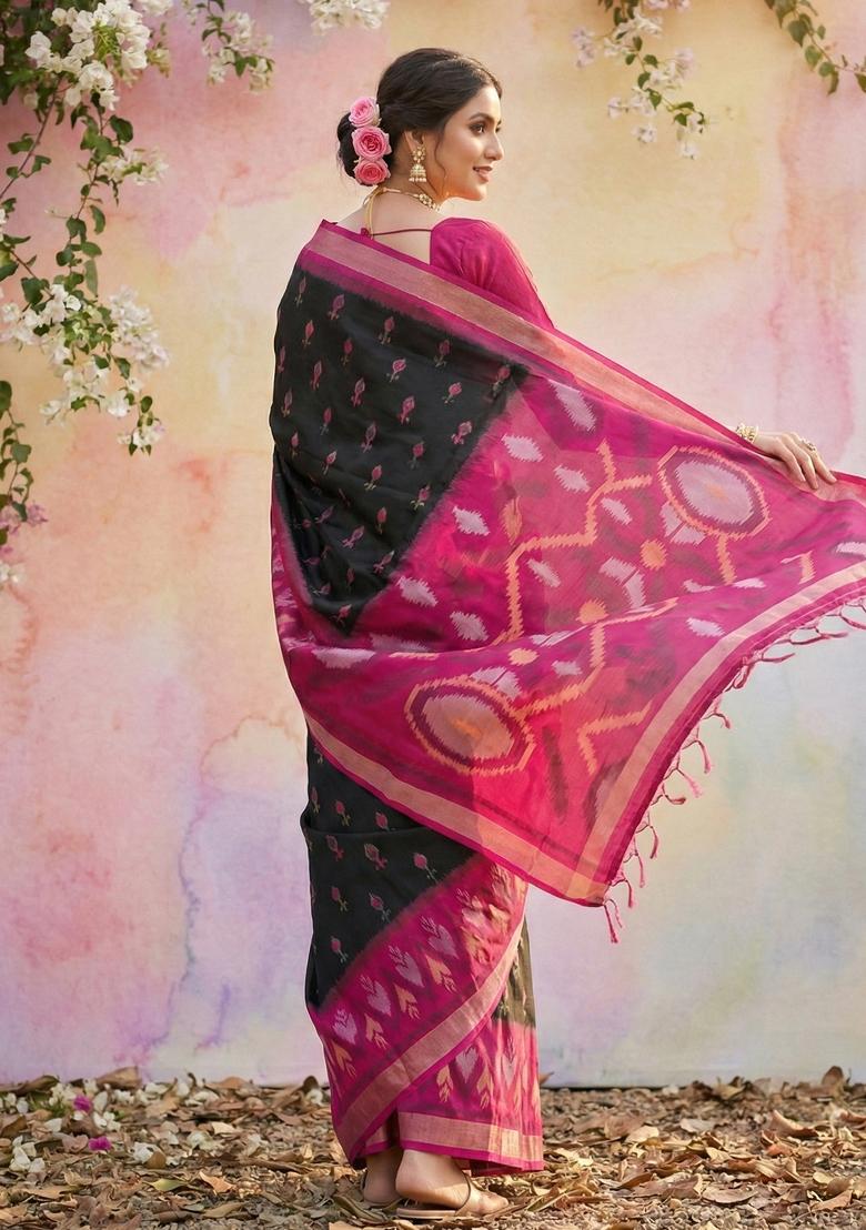Black Floral Print Silk Blend Saree Set - Indya