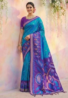 Blue Floral Print Silk Blend Saree Set