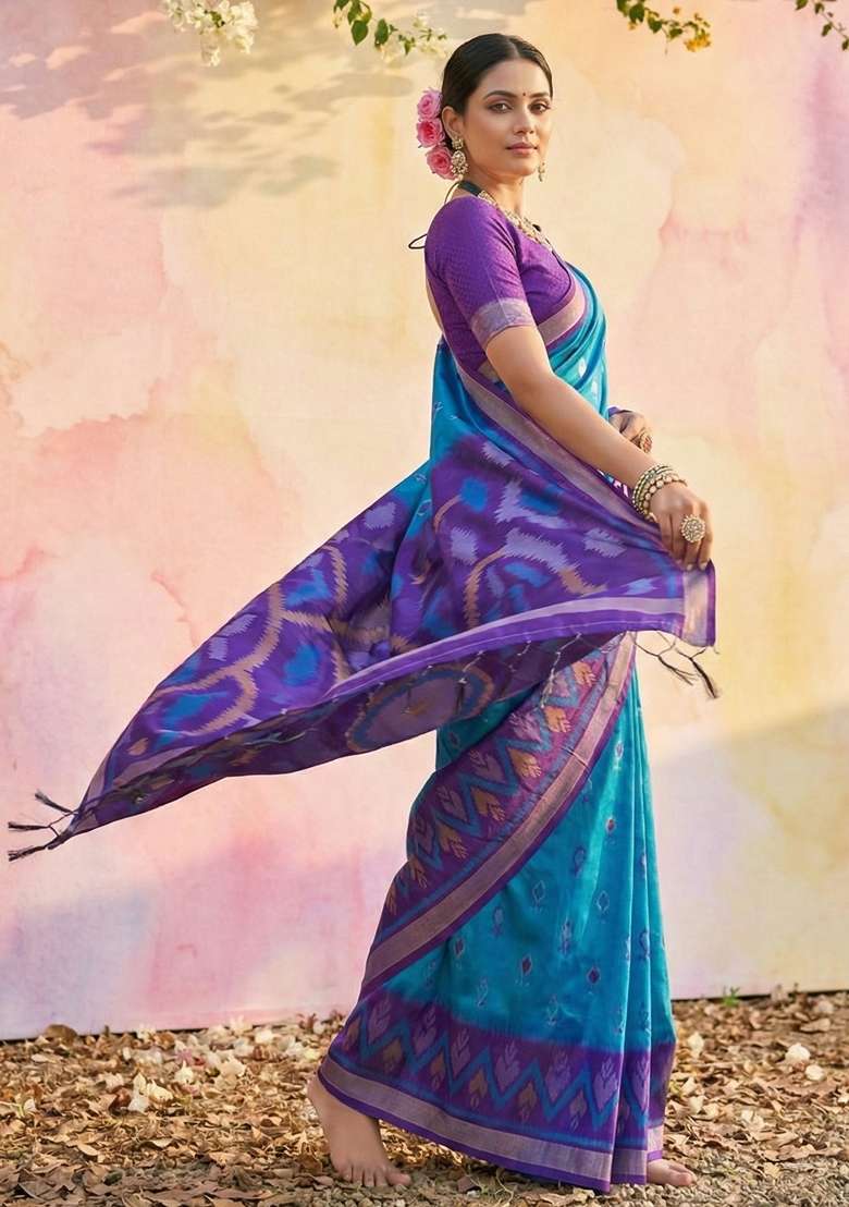 Blue Silk Blend Saree Set with Floral Print for Diwali | Wedding & Festive Wear - Indya