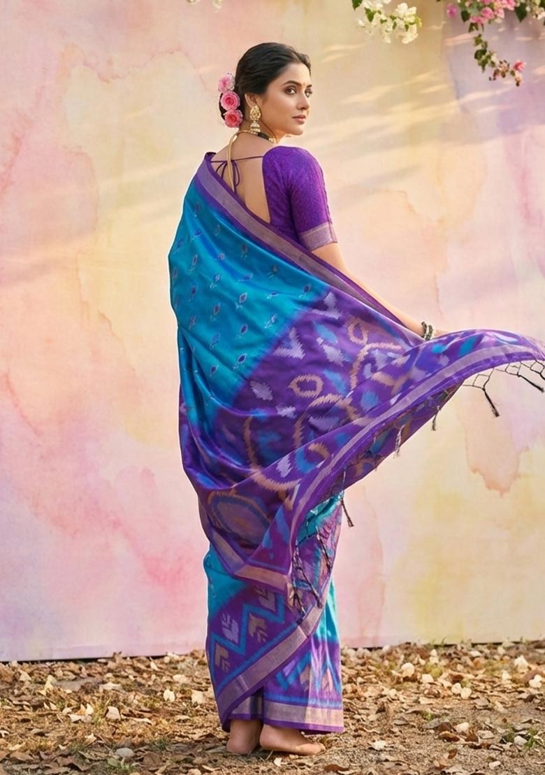 Blue Floral Print Silk Blend Saree Set - Indya