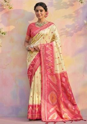 Cream Floral Print Silk Blend Saree Set