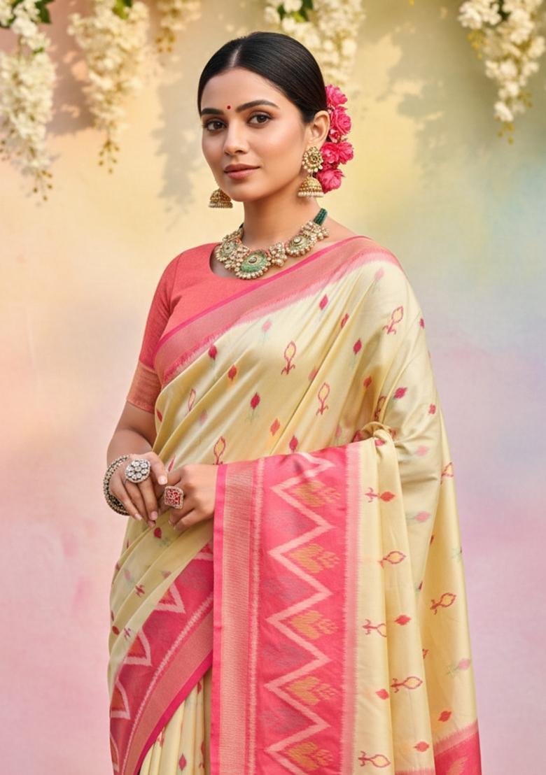 Cream Floral Print Silk Blend Saree Set - Indya