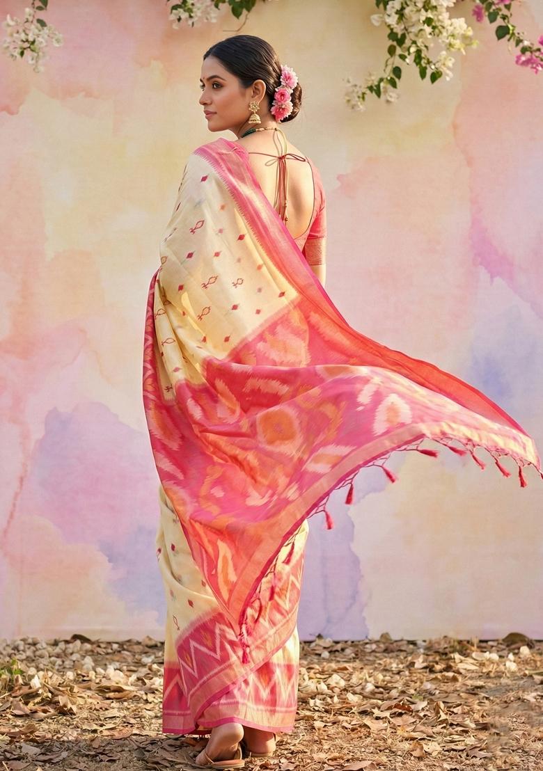 Cream Floral Print Silk Blend Saree Set - Indya