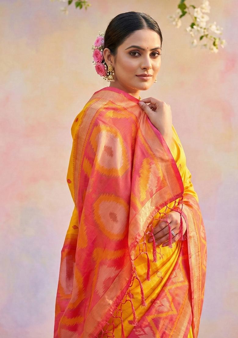Dark Yellow Floral Print Silk Blend Saree Set - Indya