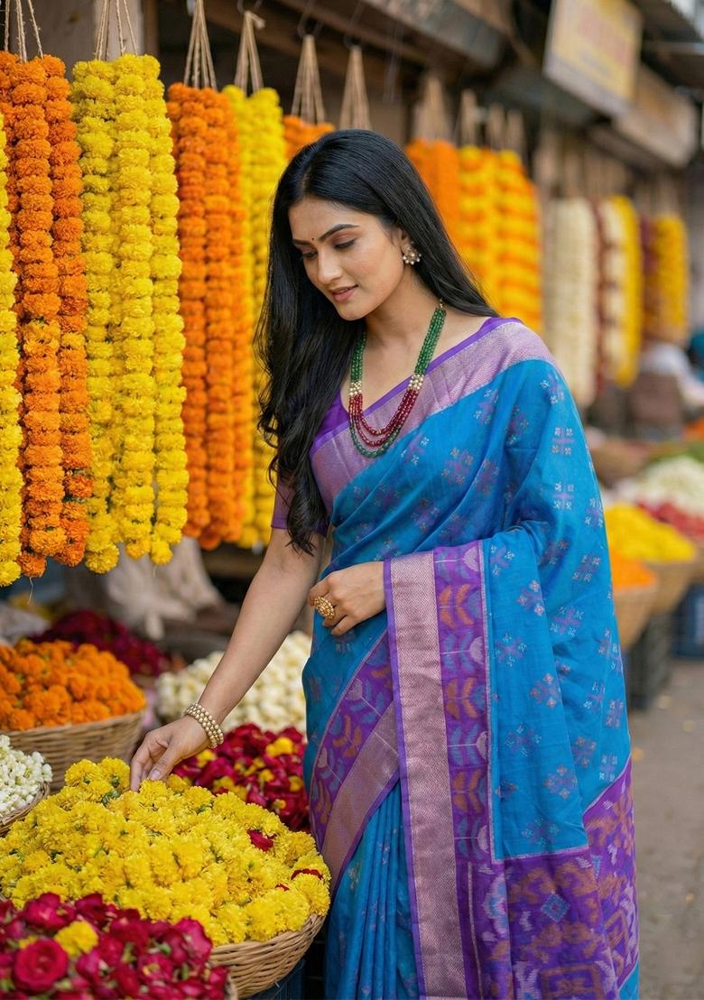 Blue Zari Work Pochampally Saree Set - Indya