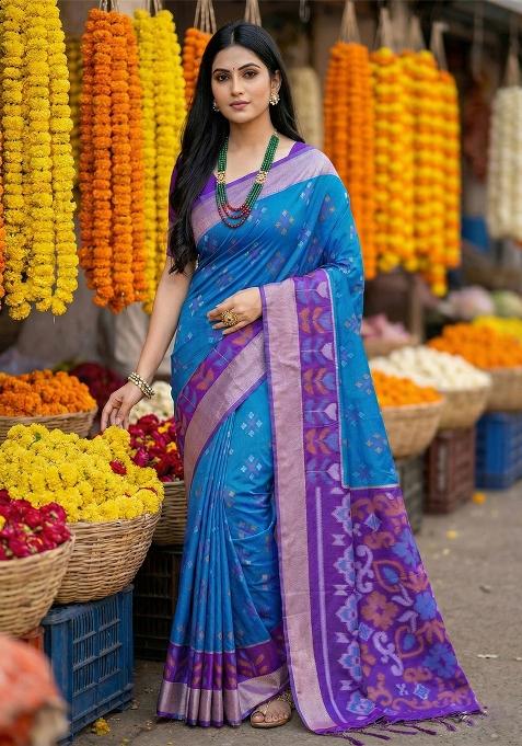 Blue Zari Work Pochampally Saree Set