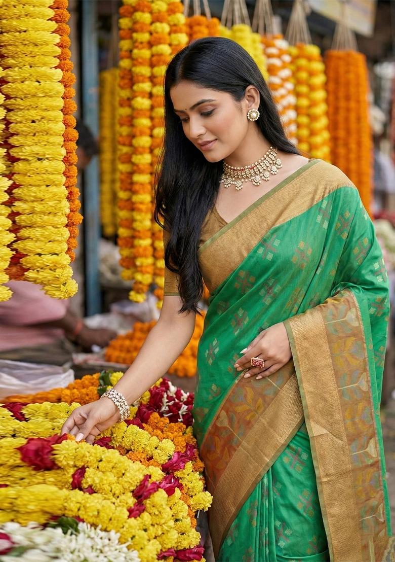 Green Zari Work Pochampally Saree Set - Indya