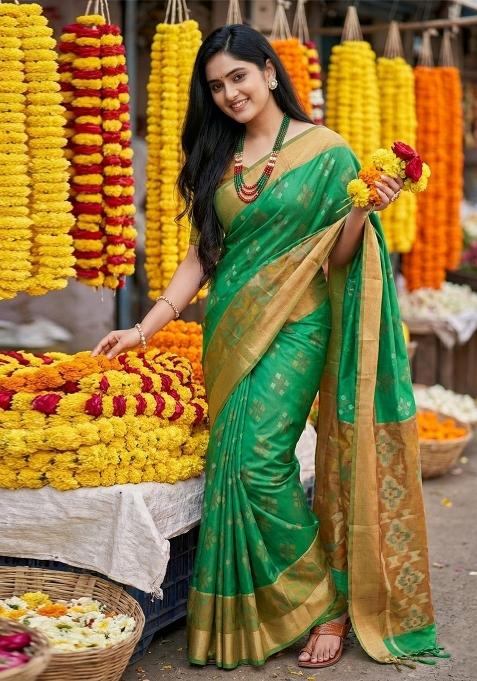 Green Zari Work Pochampally Saree Set