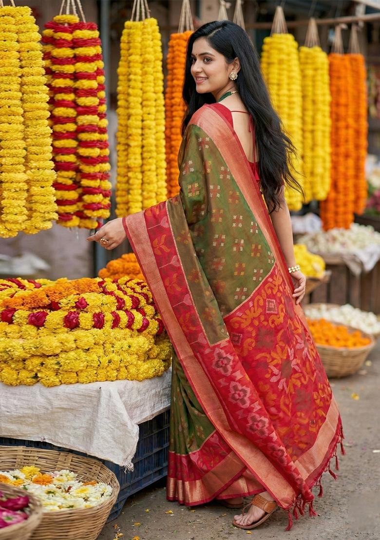 Mehendi Zari Work Pochampally Saree Set - Indya