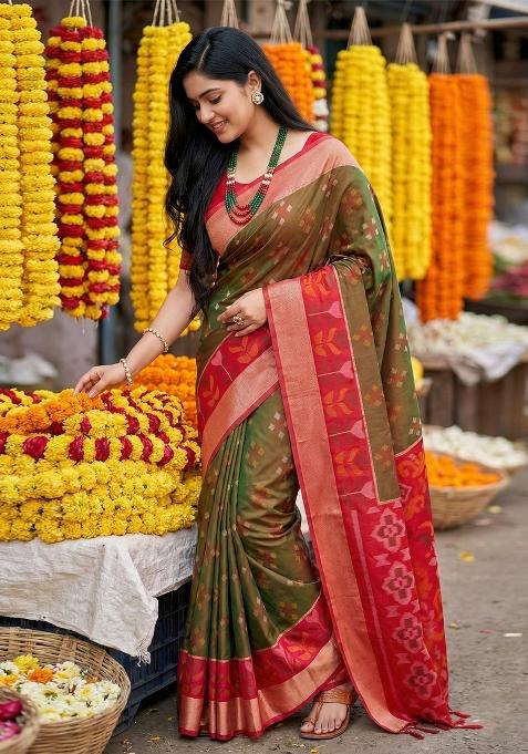 Mehendi Zari Work Pochampally Saree Set