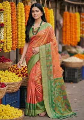 Orange Zari Work Pochampally Saree Set