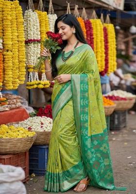 Parrot Green Zari Work Pochampally Saree Set