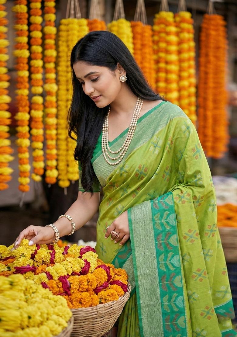 Parrot Green Zari Work Pochampally Saree Set - Indya
