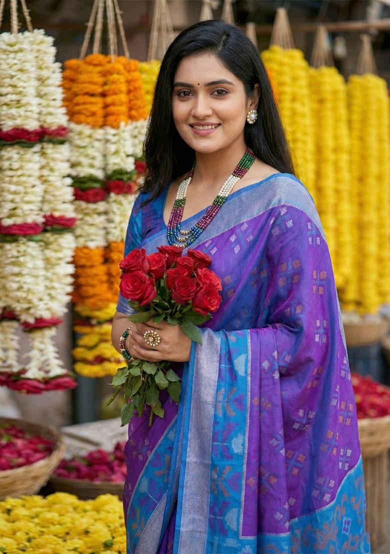 Violet Zari Work Pochampally Saree Set - Indya