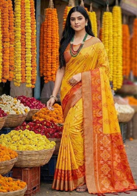 Yellow Zari Work Pochampally Saree Set