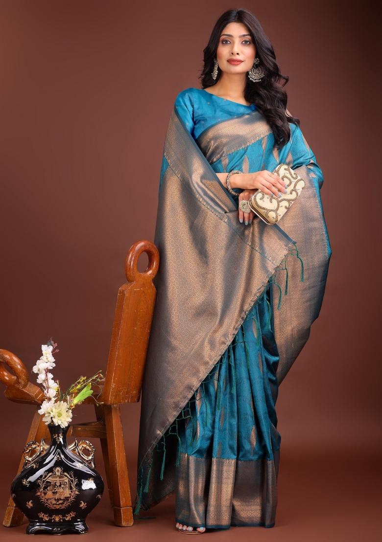 Blue Zari Work Banarasi Saree Set - Indya