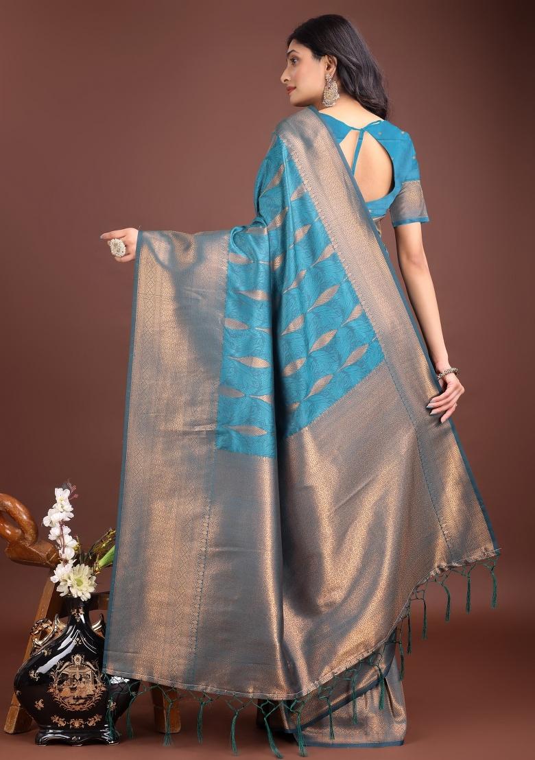 Blue Zari Work Banarasi Saree Set - Indya