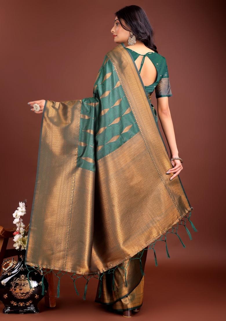 Dark Green Zari Work Banarasi Saree Set - Indya