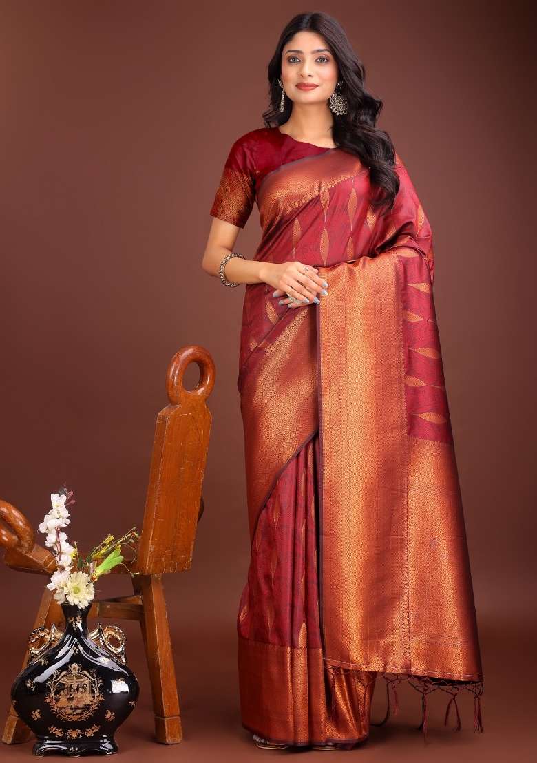 Maroon Zari Work Banarasi Saree Set for Diwali and Festive Wear - Indya