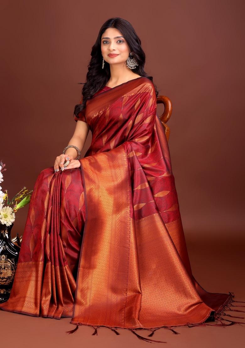 Maroon Zari Work Banarasi Saree Set - Indya
