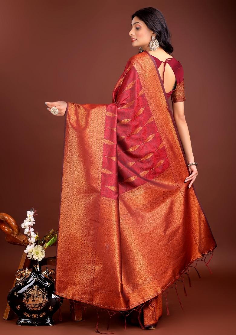 Maroon Zari Work Banarasi Saree Set - Indya
