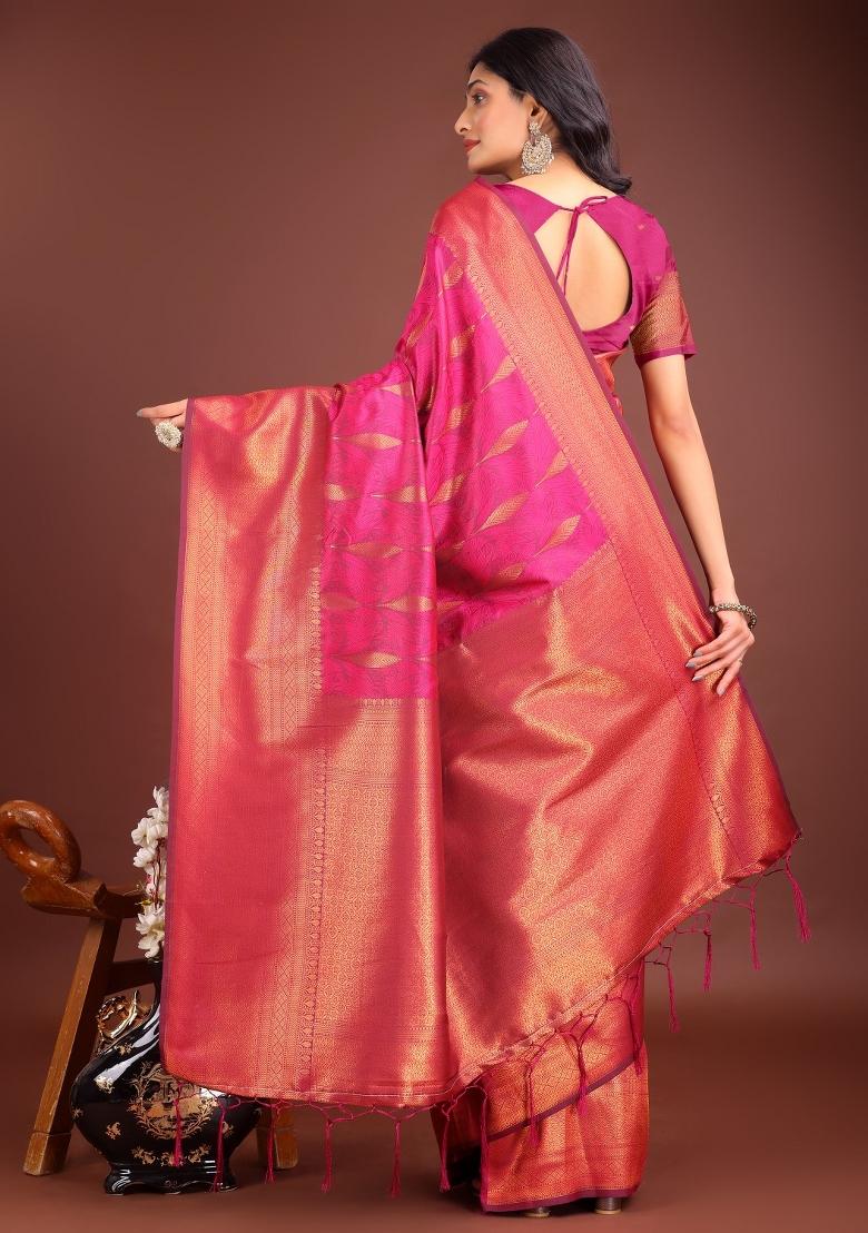 Pink Zari Work Banarasi Saree Set - Indya