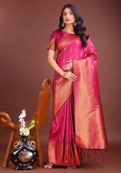Pink Zari Work Banarasi Saree Set