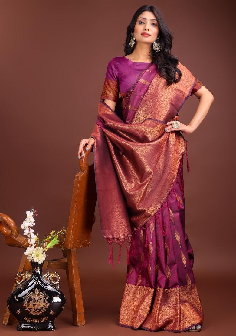 Purple Zari Work Banarasi Saree Set - Indya