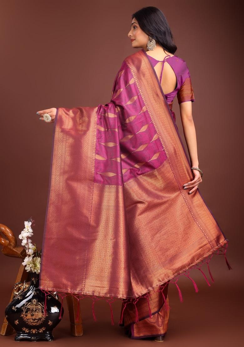 Purple Zari Work Banarasi Saree Set - Indya