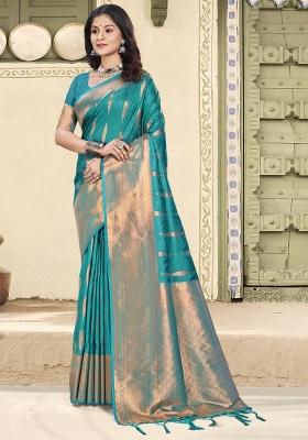 Blue Zari Work Silk Blend Saree Set