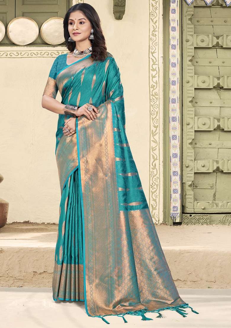Blue Silk Blend Saree Set with Zari Work for Diwali | Wedding & Festive Wear - Indya