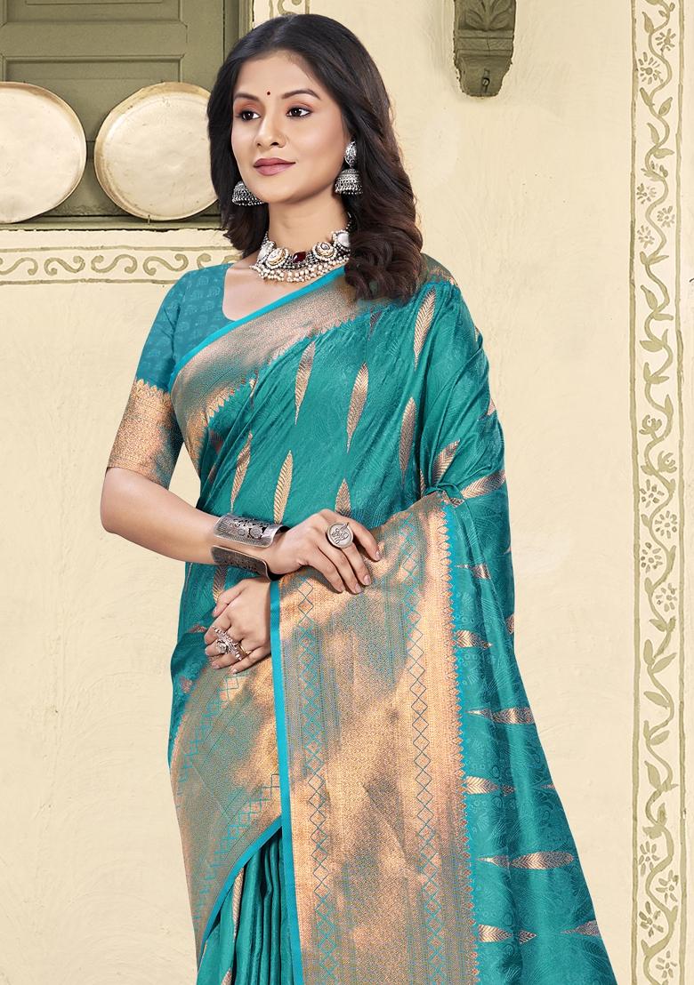 Blue Zari Work Silk Blend Saree Set - Indya