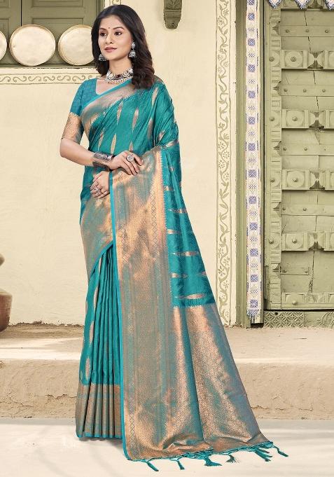 Blue Zari Work Silk Saree Set