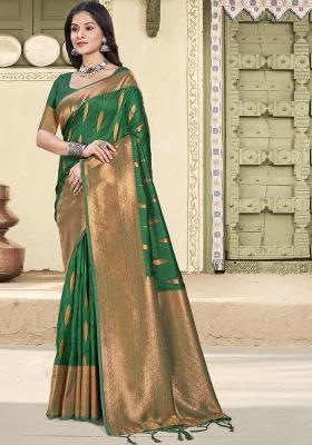 Dark Green Zari Work Silk Blend Saree Set